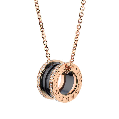 BVLGARI/寶格麗 B.ZERO1系列 18K金玫瑰金搭配黑色陶瓷螺旋形邊緣鑲鉆項鏈 350056