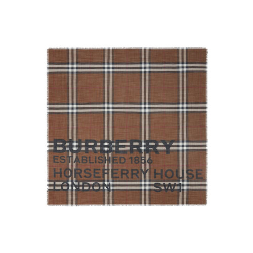 BURBERRY/博柏利 22年秋冬新款 Horseferry系列 男女同款深樺木棕色絲毛混紡印花格紋大號方巾80573851