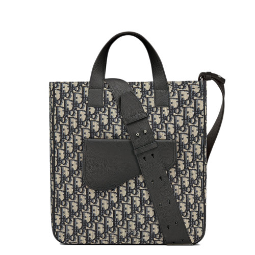 DIOR/迪奧 CABAS SADDLE系列 男士米色黑色Oblique提花老花帆布配皮鞍形單肩斜挎手提包1ADSH175YKS_H05E