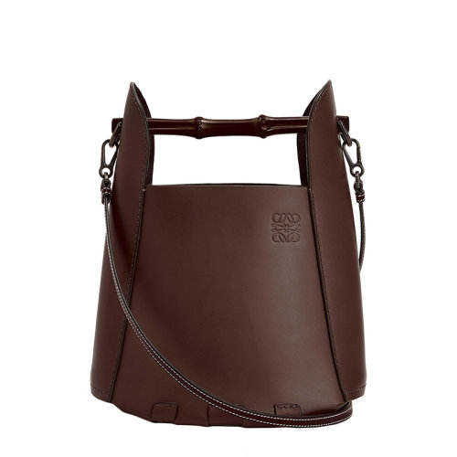 LOEWE/羅意威 22春夏新款 女士栗棕色牛皮革竹制手柄單肩斜挎手提水桶包 0010315265