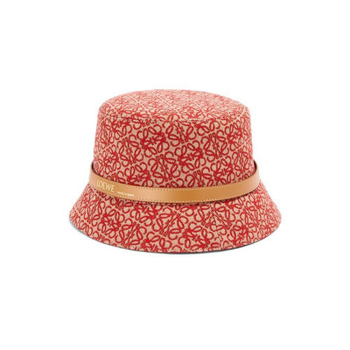 LOEWE/羅意威 22年春夏新款 女士紅色/暖沙漠色提花布和牛皮革老花圖案水桶帽漁夫帽K820HB1X07-7653