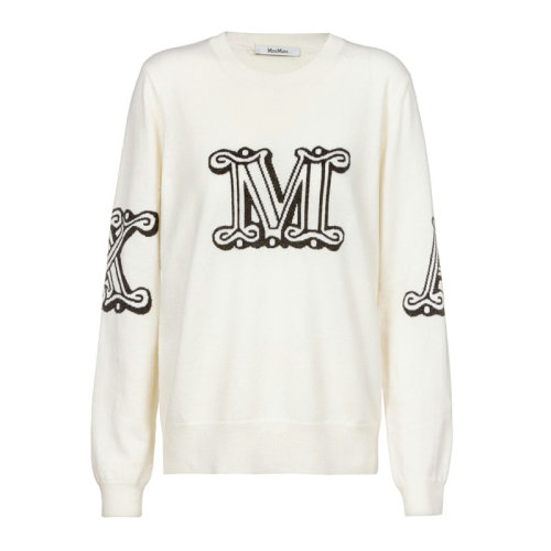 MaxMara/麥絲瑪拉 女士純色羊絨經(jīng)典字母徽標(biāo)提花裝飾圓領(lǐng)針織長袖上衣毛衣套頭衫 13660119-600 多色可選