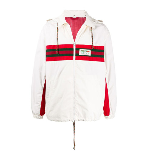 GUCCI 古馳 男裝 服裝 白色尼龍抽繩翻領(lǐng)紅色條紋外套 男士夾克