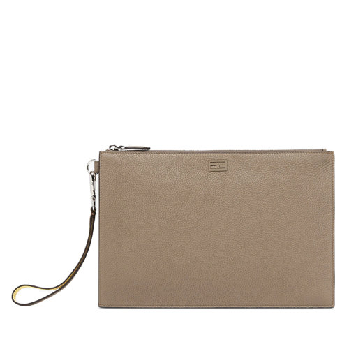 FENDI/芬迪 22春夏新款 男士淺棕色小牛皮雙袋扁平手拿包 7N0110AGQZF1H31