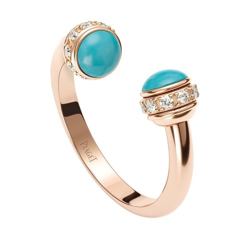 PIAGET/伯爵 經(jīng)典款POSSESSION時來運轉(zhuǎn)系列 18K金玫瑰金綠松石鑲鉆可轉(zhuǎn)動開口戒指  G34P7D00