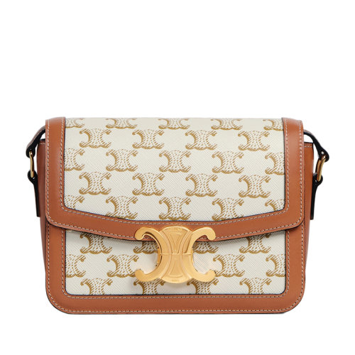 CELINE/賽琳 TRIOMPHE TEEN系列 女士白色凱旋帆布黃褐色小牛皮飾邊金扣斜挎單肩包188882BZ4.01BC