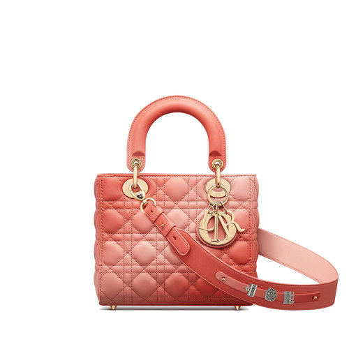 DIOR/迪奧 22新款 LADY DIOR系列MY ABCDIOR 女士珊瑚粉漸變色小羊皮藤格紋配金扣單肩斜挎手提戴妃包（勛章款）M0538OZAQ_M68E