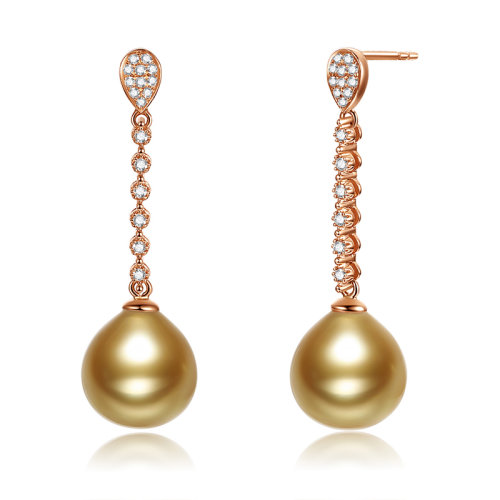 【新款】SANDYRILLA/仙蒂瑞拉 稀有金屬光澤皮細膩10-11mm濃金色珍珠18K金鉆石耳釘