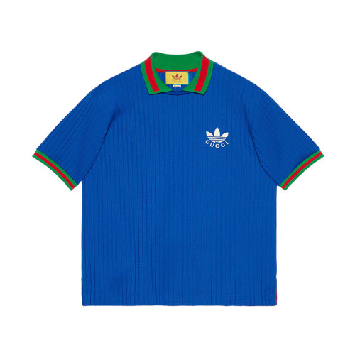 GUCCI/古馳 22年秋冬新款 adidas聯(lián)名系列 男士鈷藍(lán)色滌綸混紡Logo印花短袖Polo衫691777XJEKF4364