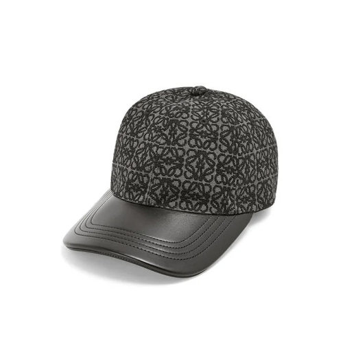 LOEWE/羅意威 22年春夏新款 男士炭灰色/黑色提花布和牛皮革老花圖案棒球帽鴨舌帽K820358X01-1268