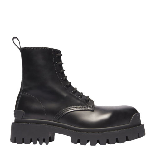 Balenciaga/巴黎世家 STRIKE系列女士黑色光滑啞光小牛皮經(jīng)典字母徽標(biāo)裝飾系帶靴馬丁靴中筒靴短靴踝靴女靴 590974-WA960-1000