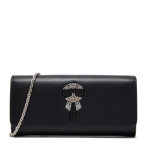 FENDI/芬迪 珠釘老佛爺圖案裝飾 女士黑色牛皮手拿包單肩包 8M0365A6HVF0GXN