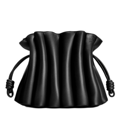 LOEWE/羅意威 Flamenco Ondas系列 女士黑色光滑小牛皮波浪褶單肩斜跨手拿包0010513760