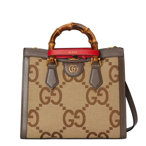 GUCCI/古馳 22春夏新款Diana系列 女士小號(hào)駝色烏木色超級(jí)老花帆布竹節(jié)紅帶單肩手提托特包660195UKMFT2672