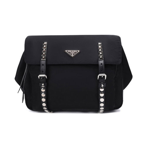 PRADA/普拉達  女包女士黑色尼龍鉚釘裝飾時尚百搭品牌字母斜挎包單肩包  1BL013-2BYB-F0002