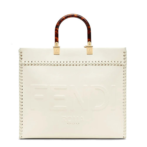 FENDI/芬迪 SUNSHINE系列 女士中號白色小牛皮燙印徽標裝飾縫線有機玻璃提手配可拆卸肩帶手提單肩斜跨包8BH386AHW4F0K7E