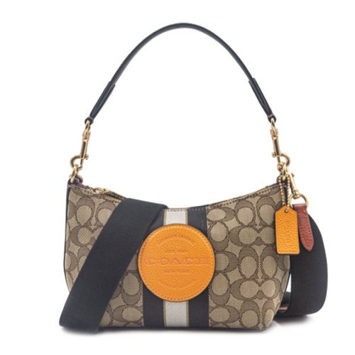 COACH/蔻馳 DEMPSEY系列女士拼色織物配皮經(jīng)典雙C字母徽標(biāo)提花條紋圓形貼飾拉鏈開(kāi)合單肩包斜挎包手提包女包 F5483IMQZV