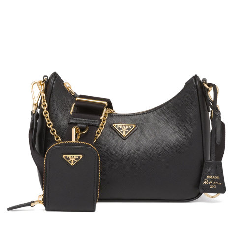 PRADA/普拉達Re-Edition?05系列女士 黑色Saffiano 皮革飾邊單肩斜挎手提包1BH4_NZV_F0632_V_V2M
