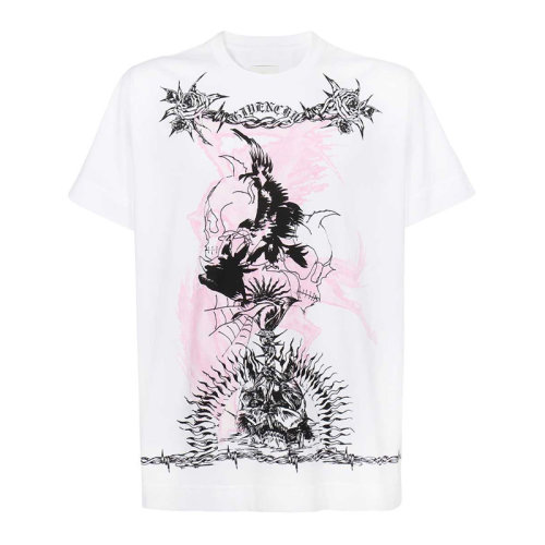 Givenchy/紀(jì)梵希 男士白色棉質(zhì)經(jīng)典字母徽標(biāo)哥特式印花裝飾超大寬松裁剪圓領(lǐng)短袖上衣T恤 BM71583Y6B-100