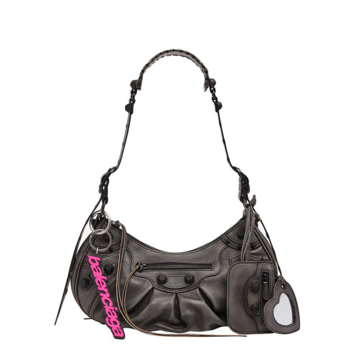 Balenciaga/巴黎世家 22春夏新款LE CAGOLE系列 女士小號(hào)黑色牛皮革粉色鑰匙環(huán)心形鏡子吊墜零錢包中古單肩腋下包 6713072VP471000