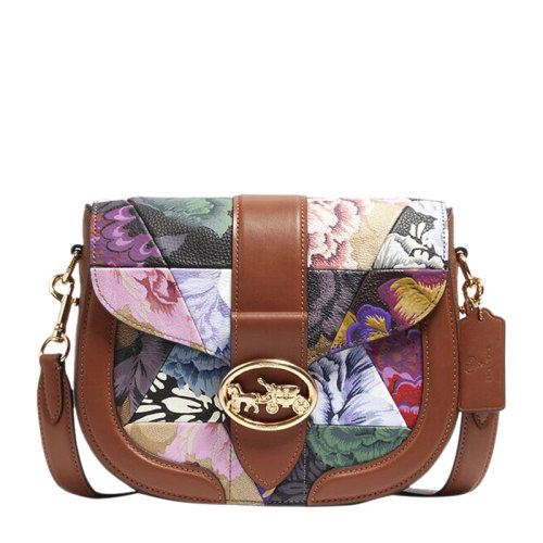 COACH/蔻馳Georgie系列女士卡其色多色鵝卵石皮革經(jīng)典馬車徽標(biāo)按扣開合單肩包斜挎包馬鞍包女包 C2804IMLL9