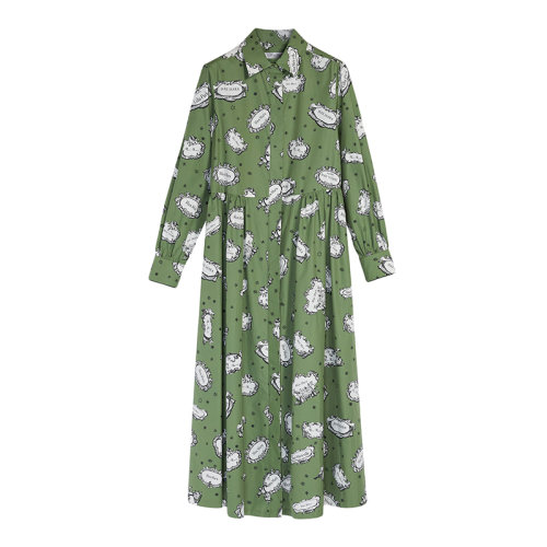 MaxMara/麥絲瑪拉 22年早春新款 ANDE系列 女士綠色純棉LOGO印花長(zhǎng)款襯衫裙連衣裙1221102106004