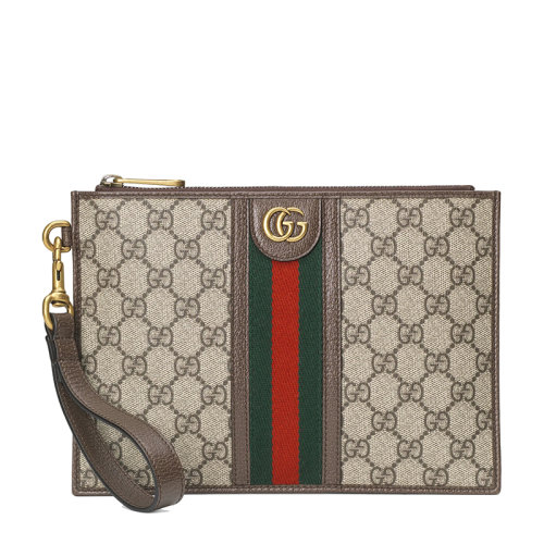 GUCCI/古馳 經(jīng)典Ophidia系列 男士米色老花帆布棕色皮革滾邊拉鏈開(kāi)合手拿包67298996IWT8745