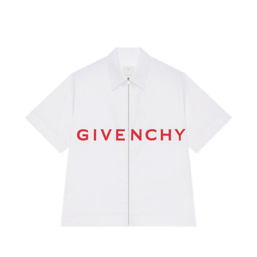 Givenchy/紀(jì)梵希 22年秋冬新款 男士白色正面飾有紅色粘合LOGO棉綢短袖拉鏈直筒襯衫BM60UC1YBL-100