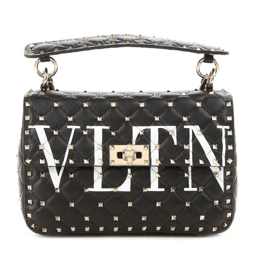 Valentino/華倫天奴 女士黑色皮質經(jīng)典logo款單肩手提挎包