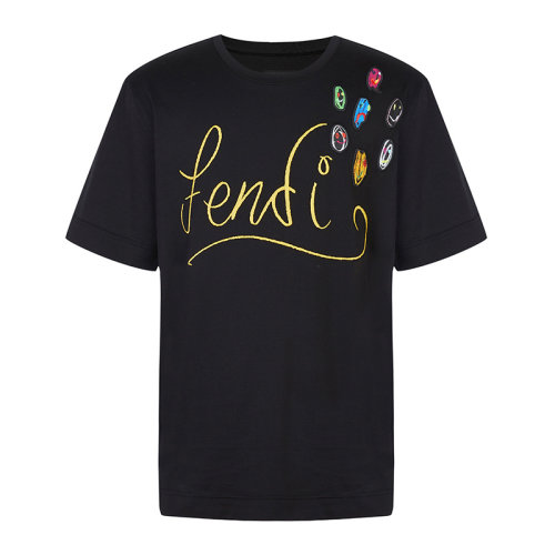 FENDI/芬迪 男士黑色棉質(zhì)經(jīng)典字母徽標(biāo)印花裝飾圓領(lǐng)短袖上衣T恤 FY0936-AH13-F0748