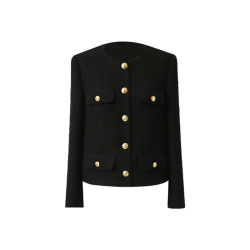 GeleiStory/GeleiStory  秋冬新款法式復(fù)古翻領(lǐng)黑色羊毛花呢名媛小香風(fēng)短外套  女士夾克