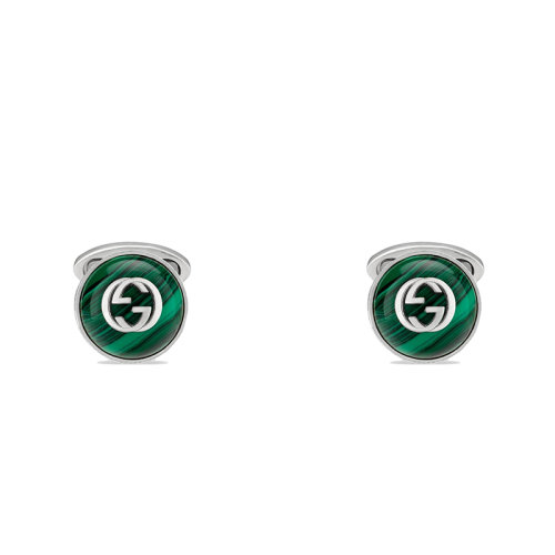 GUCCI/古馳 22年春夏新款 男女同款孔雀石綠色樹脂寶石和純銀互扣式雙G袖扣645589083498414