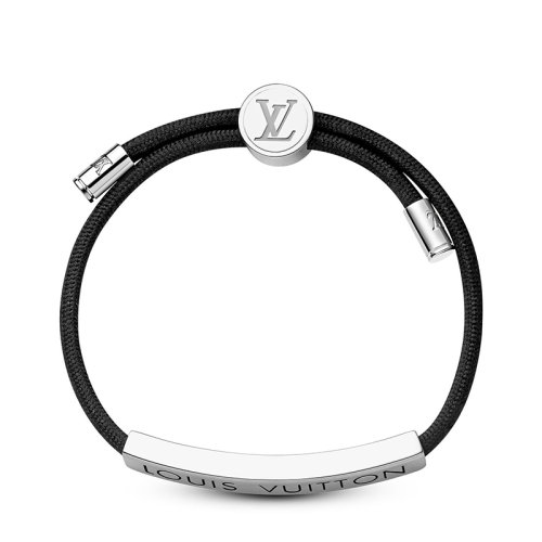 Louis Vuitton/路易威登 經(jīng)典款LV SPACE系列 男士黑色錦綸飾徽標刻印銀色金屬太空手鐲手鏈M00273