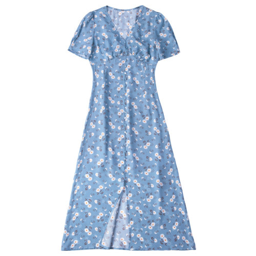 GeleiStory/GeleiStory夏季新款法式復(fù)古收腰裙真絲女士連衣裙氣質(zhì)V領(lǐng)顯瘦茶歇裙