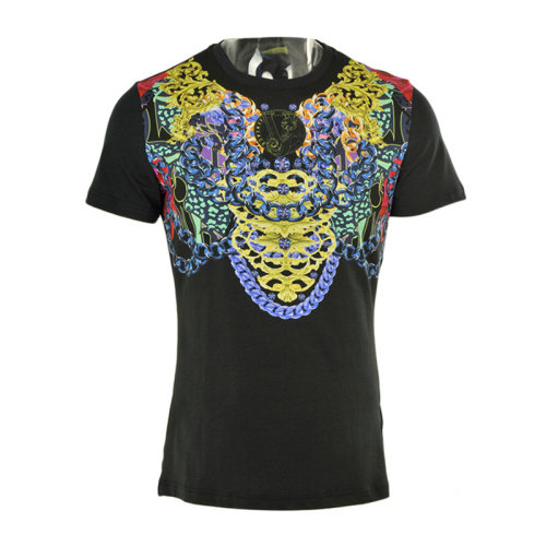 VERSACE JEANS 范思哲牛仔 男士 服裝  黑色圓領(lǐng)花朵印花棉質(zhì)T恤 男士短袖T恤