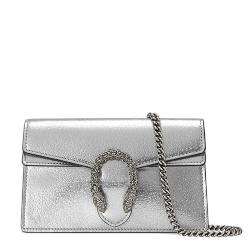 GUCCI/古馳 經(jīng)典款Dionysus系列 女士超迷你銀色皮革銀頭蛇扣銀鏈單肩斜跨酒神包4764321TRBN8173