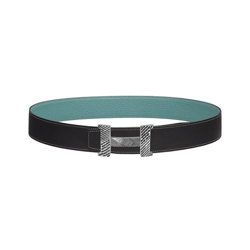 HERMES/愛馬仕 H系列 男士石墨/天空藍(lán)荔枝紋皮革純銀扣雙面腰帶38毫米H080039UT00/H077971CAAL095