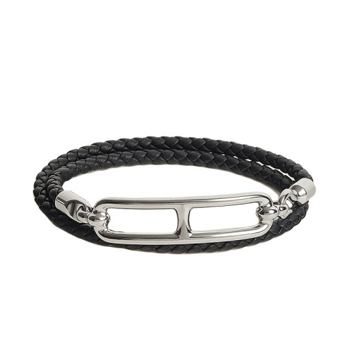 HERMES/愛(ài)馬仕 22春夏新款Roulis系列 黑色小牛皮銀色豬鼻扣編織雙圈手鏈H071727FP89