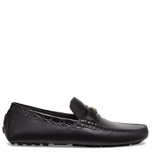 FENDI/芬迪 男士黑色皮革金屬FF Baguette搭扣和凱門鱷式便鞋7D1385AE82F0UP9