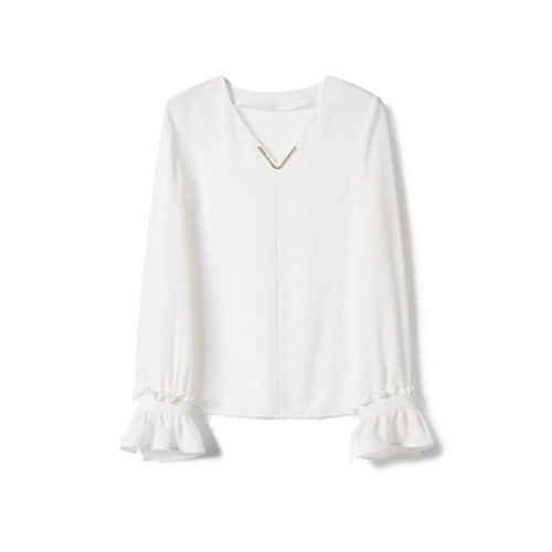 GeleiStory/GeleiStory 春夏新款寬松復古氣質顯瘦V字領長袖大花瓣荷葉邊襯衫  女裝＞女士襯衫＞女士長袖襯衫