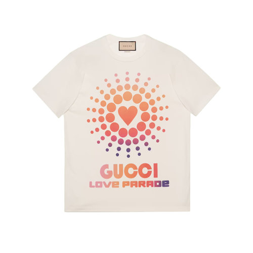 GUCCI/古馳 22年春夏新款 愛的進(jìn)行曲系列 男士白色純棉心形太陽印花短袖T恤548334XJEMZ9095