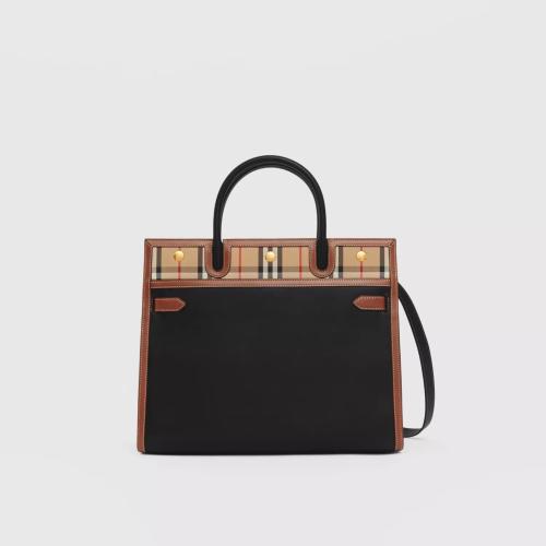  BURBERRY 22年秋冬 女士 Title - 小號(hào)皮革拼 Vintage 格紋雙提柄泰爾勒手袋 80252691 預(yù)定商品1-3周發(fā)貨