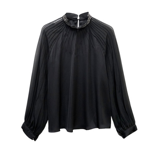 GeleiStory/GeleiStory   春秋新款透明燈籠袖立領桑蠶絲襯衣女裝    女裝＞女士襯衫＞女士長袖襯衫