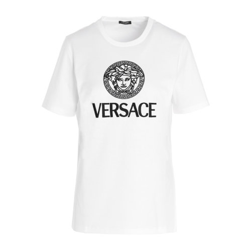 VERSACE 范思哲 女士 服裝  白色圓領字母LOGO美杜莎圖案棉質T恤 女士短袖T恤