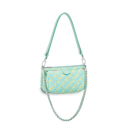 Louis Vuitton/路易威登 22新款MULTI POCHETTE系列 女士水綠色老花壓印噴涂效果粒面皮革銀扣皮革編織效果銀鏈配可拆卸小袋二合一多功能單肩手提鏈條包M46180