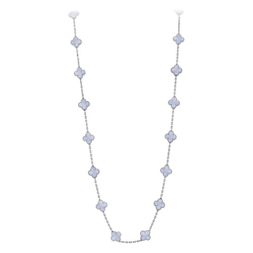 Van Cleef & Arpels/梵克雅寶 經(jīng)典Vintage Alhambra系列 18k金白金鑲玉髓20四葉草長項鏈VCARD80900