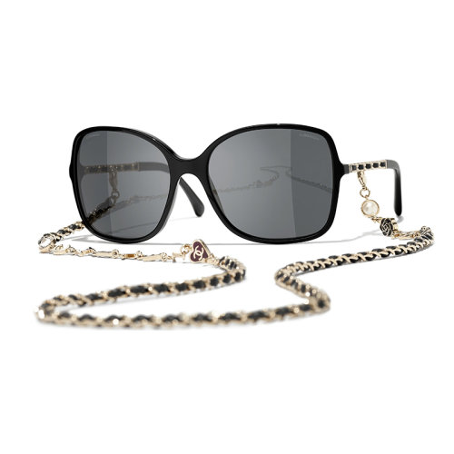 Chanel/香奈兒 22年春夏新款 女士灰色鏡片黑色/金色醋酯纖維鏡框飾金屬和小牛皮鏈條方框太陽眼鏡墨鏡A40911X06074S2214