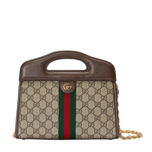 GUCCI/古馳 22春夏新款Ophidia系列 女士小號(hào)米色/烏木色老花帆布配棕色皮革紅綠織帶金扣鏈?zhǔn)絾渭缡痔岚刑匕?69372496IWO8745