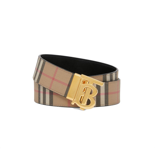 BURBERRY/博柏利 22年秋冬新款 Vintage系列 男士黑色/典藏米色聚氨酯格紋圖案金扣雙面腰帶35毫米80548851