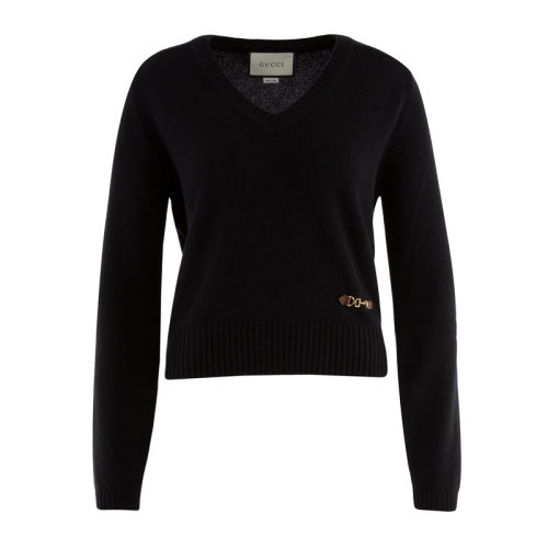 GUCCI/古馳 女士黑色羊絨V領(lǐng)長(zhǎng)袖毛衣針織衫女裝